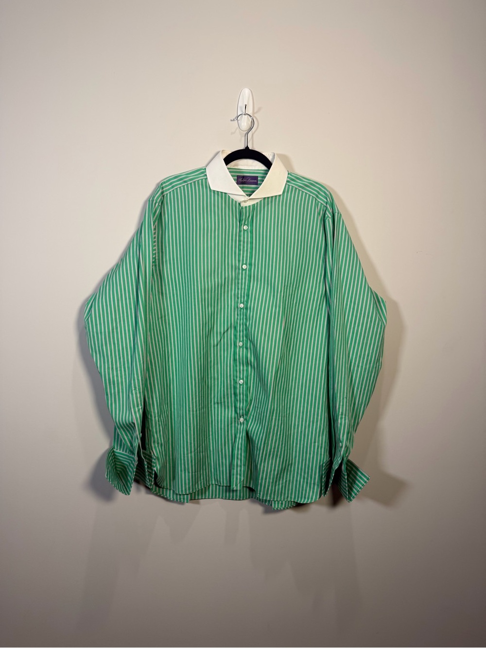 Ralph Lauren Purple Label Mens 17 Green Stripe Contrast Collar Italy Cotton